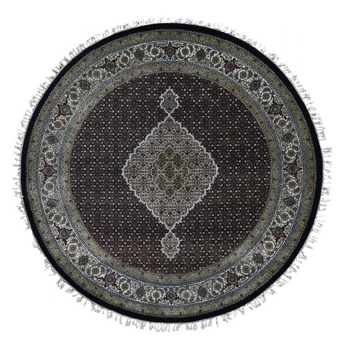 Asphalt Black, Tabriz Mahi Design, 100% Wool, Hand Knotted, Round Oriental Rug
