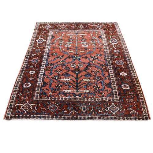Indian Red, Antique Persian Heriz, Hand Knotted, Pure Wool, Great Condition, Sides and Ends Professionally Secured, Cleaned, Rare Smaller Size, Oriental 