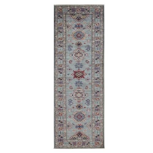 Light Gray, Afghan Super Kazak with Geometric Design, Hand Knotted, Pure Wool, Runner, Oriental Rug