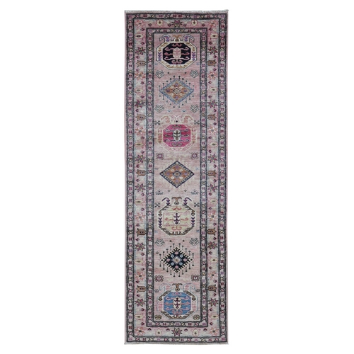 Pastel Pink, Hand Knotted, Afghan Super Kazak with Geometric Medallion Design, Pure Wool, Runner, Oriental Rug