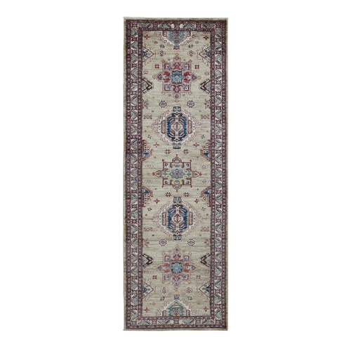 Taupe, Afghan Super Kazak with Tribal Medallion Design, Hand Knotted, Pure Wool, Runner, Oriental Rug