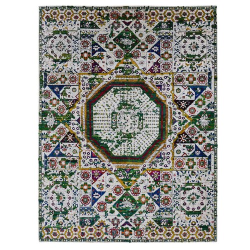 Ivory, Sari Silk, Colorful Mamluk Design, Hand Knotted, Oriental Rug