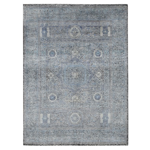 Columbia Blue, Silk with Textured Wool, Hi-Low Pile, Mamluk Dynasty Design, Hand Knotted, Oriental Rug
