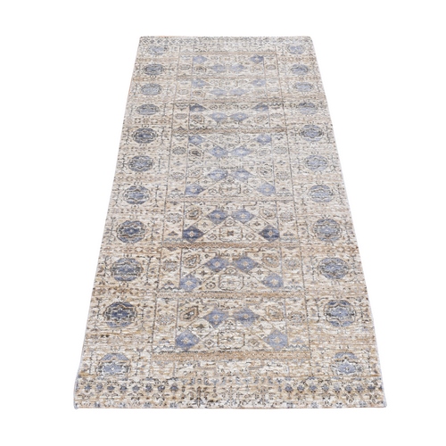 Chamomile Brown, Silk with Textured Wool, Mamluk Design, Hand Knotted, Runner Oriental Rug