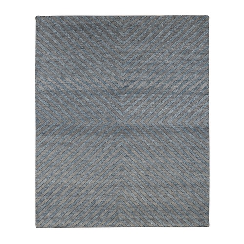 Queen Blue, Pure Wool, Modern, Geometric Diagonal Line Design, Hand Knotted, Thick and Plush, Oriental 