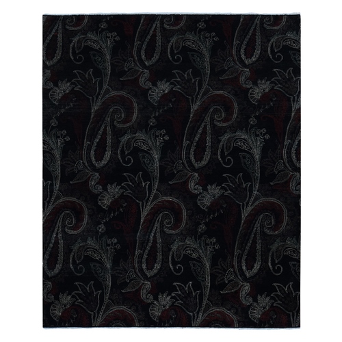 Neutral Black, Modern Paisley and Flower Mughal Influence Design, Hand Knotted, Pure Wool, Oriental 