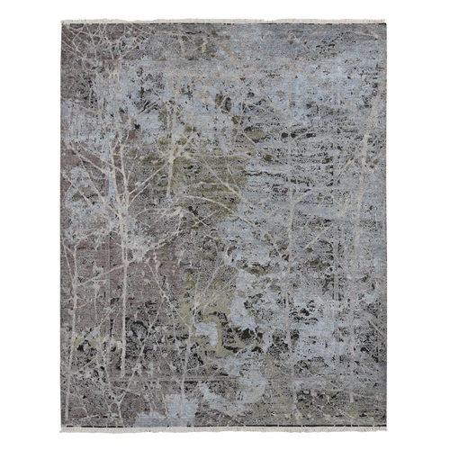 Old Silver Gray, Hand Knotted, Silk with Textured Wool, Transitional Erased Botanical Design, Oriental 