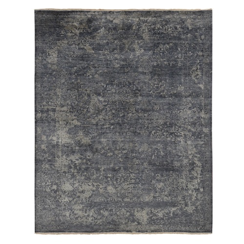 Charcoal Gray, Wool and Silk, Tone on Tone Erased Persian Design, Hand Knotted, Oriental 
