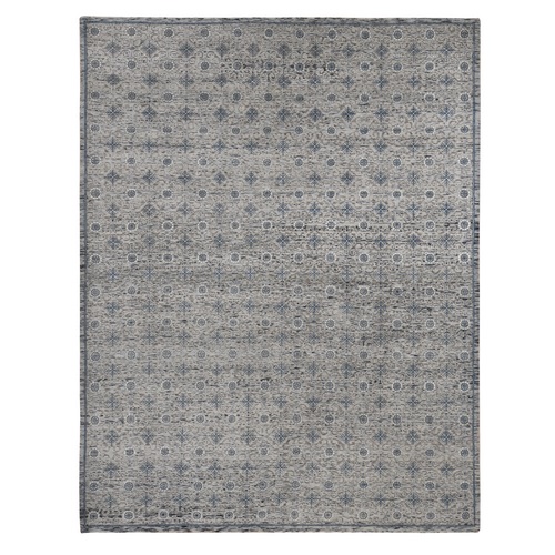 Pale Smoke Gray, Repetitive Rosette and Snowflake Design, Tone on Tone, Woolen, Hand Knotted, Oriental Rug