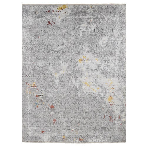 Gainsboro Gray, Hand Knotted, Modern Broken and Erased Lotus Flower All Over Design, Wool and Silk, Oriental 