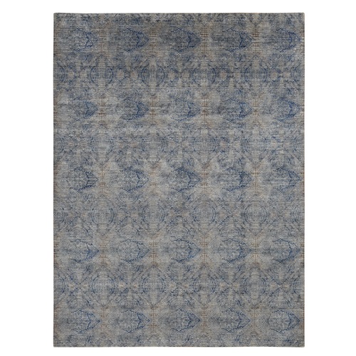 Wolf Gray, Broken and Erased Geometric Rosette Design, Wool and Silk, Hand Knotted, Oriental Rug