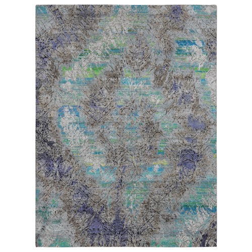 Battleship Gray, Diminishing Coins, Sari Silk with Textured Wool, Hand Knotted, Oriental Rug