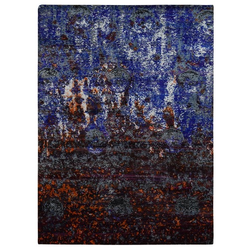 Sapphire Blue, Hand Knotted, Galactical Modern Design, Sari Silk and Textured Pile, Oriental Rug