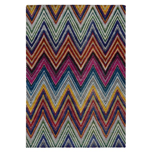 French Pink, Colorful Modern Chevron Design, Hand Knotted Sari Silk with Textured Wool, Oriental 