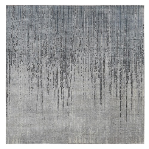 Goose Gray, Vertical Ombre Design, Pure Silk, Hand Knotted, Square Oriental Rug