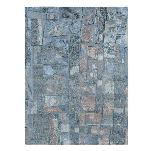 Ruddy Blue, Modern Brick Design, Thick and Plush, Hand Knotted, Wool and Real Silk, Oriental Rug