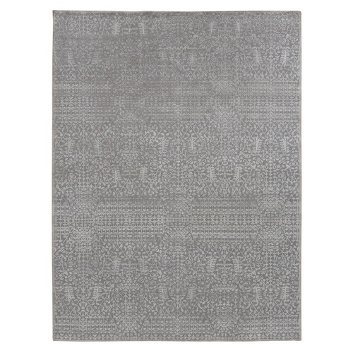 Battleship Gray, Silk with Textured Wool, Tone on Tone, Hand Knotted, Oriental Rug