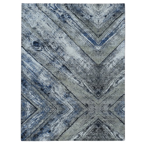 Battleship Gray, THE WOOD GRAIN Design, Silk with Textured Wool, Hand Knotted, Oriental Rug