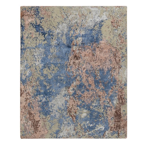 Steel Blue, Hand Knotted, Abstract Galaxy Design, Wool and Silk, Hi And Low Pile, Oriental Rug