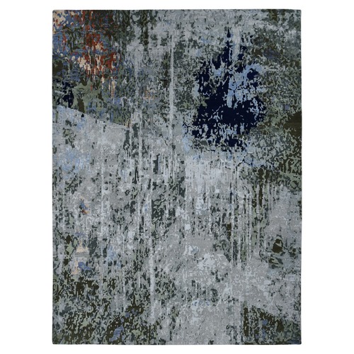 Silver Gray, Abstract Design, Wool and Silk, Hand Knotted, Oriental Rug