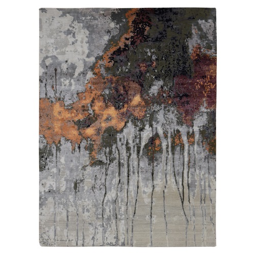 Agreeable Gray, Abstract Dripping Design, Wool and Pure Silk, Hand Knotted, Oriental Rug