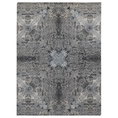 Cloud Gray, Wool and Silk, Transitional Salt and Pepper Design, Hand Knotted, Oriental Rug