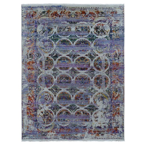 Little Princess Purple, COLORFUL ERASED ROSSETS, Sari Silk with Textured Wool, Hand Knotted, Oriental Rug