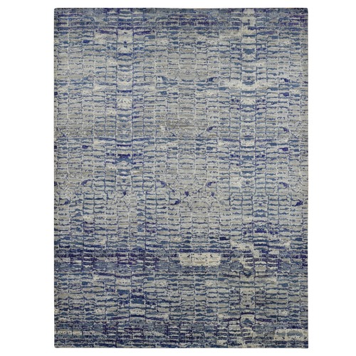 Yale Blue with Purple, Diminishing Bricks Design, Sari Silk, Hand Knotted, Oriental Rug
