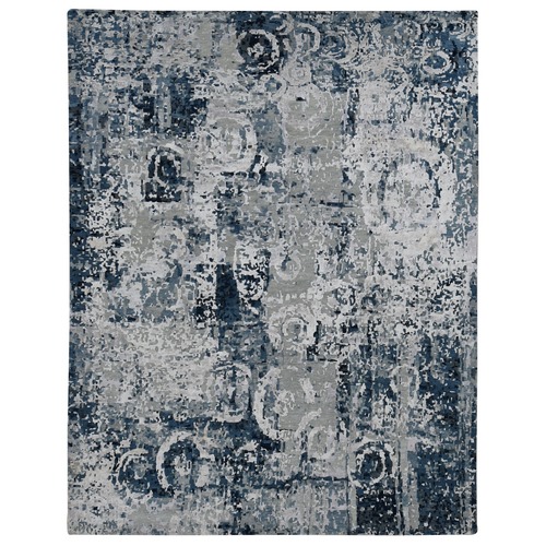 Arsenic Gray, Hand Knotted, Broken and Erased Circles Design, Wool and Silk, Hi-Lo Pile, Oriental Rug