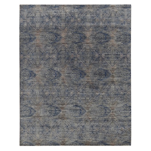 Sapphire Blue, Distressed Silk with Textured Wool, Erased Rosette Design, Hand Knotted, Oriental 