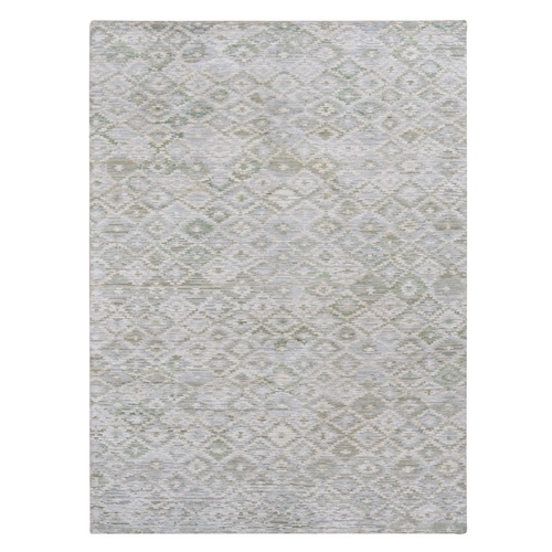 Misty Gray, Pure Silk, Hand Knotted with Repetitive Geometric Tribal Design, Hi and Lo Pile, Oriental Rug