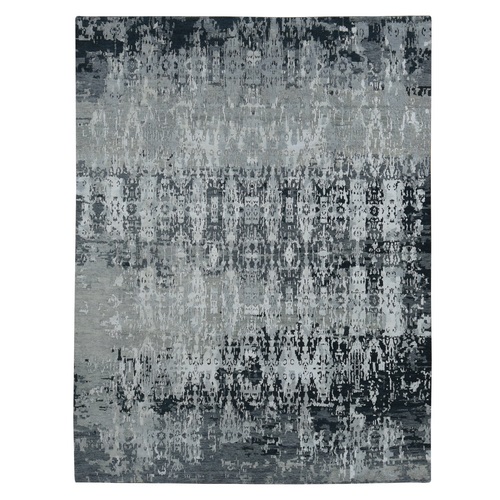 Cloud Gray, Erased and Broken Tribal Design, Wool with Real Silk, Hi-Low Pile, Hand Knotted, Oriental 