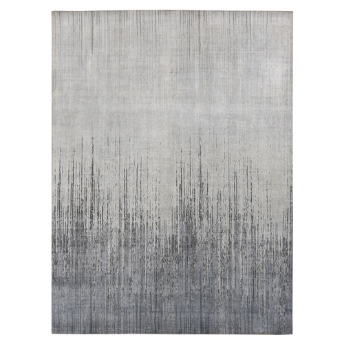 Medium Gray, Vertical Ombre Design, Pure Silk, Hand Knotted, Oriental 
