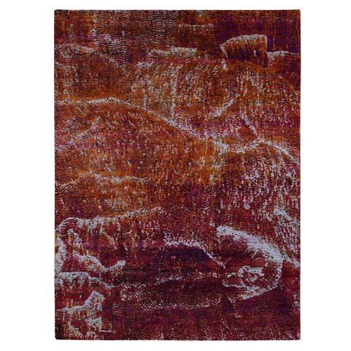 Burgundy Red, Galaxy and Mosaic Design, Silk with Textured Wool, Hand Knotted, Oriental Rug