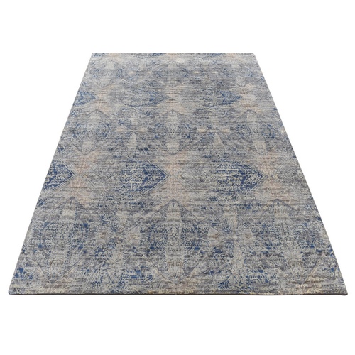 Medium Gray, ERASED ROSSETS, Silk with Textured Wool, Hand Knotted, Oriental Rug