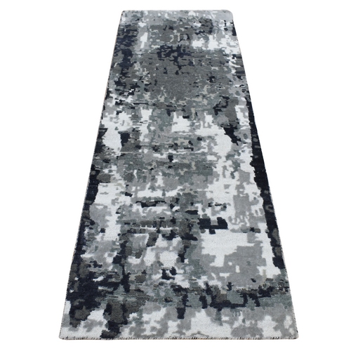 Eerie Black, Hi-Low Pile, Abstract Design, Wool and Silk, Hand Knotted, Runner Oriental Rug