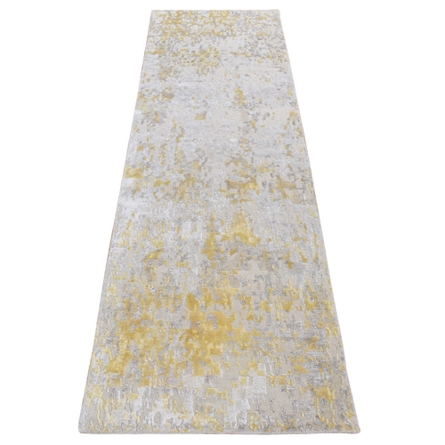 Beige, Hi-Lo Pile, Abstract Design, Wool and Silk, Hand Knotted, Runner Oriental Rug