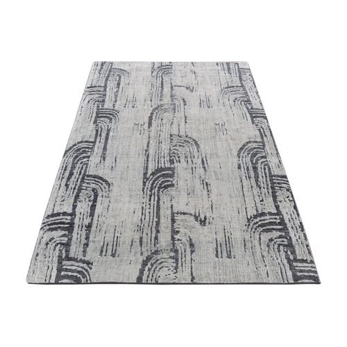 Ash Gray, The Cane Design, Pure Silk With Textured Wool, Hand Knotted, Oriental Rug