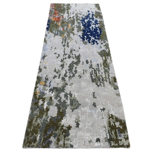 Gainsboro Gray, Abstract Design, Wool and Silk, Hi-Low Pile, Hand Knotted, Runner Oriental Rug