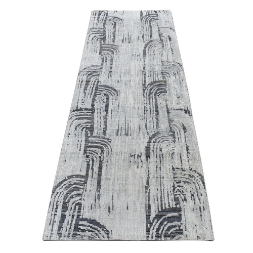 Cloud Gray, The Cane Design, Pure Silk with Textured Wool, Hand Knotted, Runner Oriental Rug