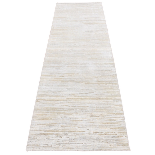 Ivory, Silk with Textured Wool, Tone on Tone, Striae Design, Hi-Lo Pile, Hand Knotted, Runner Oriental Rug