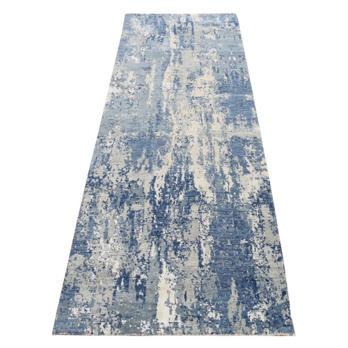 Air Force Blue, Abstract Design, Wool and Pure Silk, Hand Knotted, Runner Oriental 