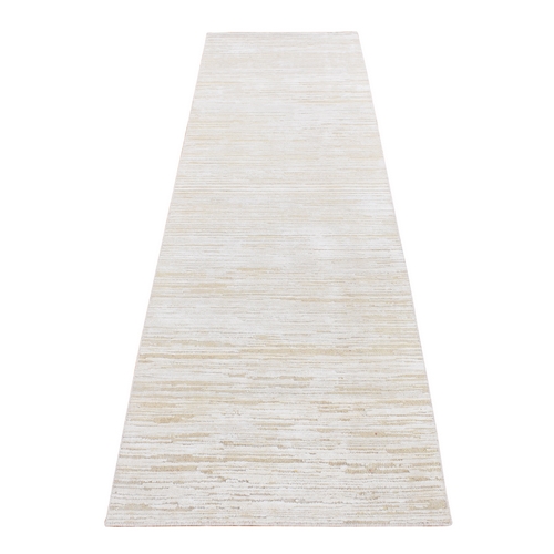Ivory, Silk with Textured Wool, Tone on Tone Striae Design, Hi-Low Pile, Hand Knotted, Runner Oriental Rug