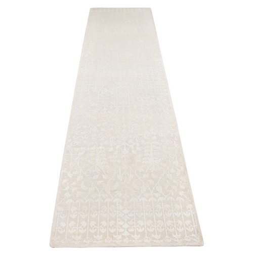 Parchment White, Hand Knotted, Tone on Tone, Pure Silk with Textured Wool, Runner Oriental 