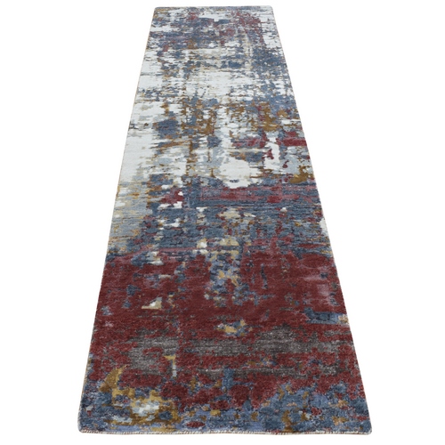 Thunder Gray, Modern Abstract Design, Wool and Silk, Hi-Low Pile, Hand Knotted, Runner Oriental 