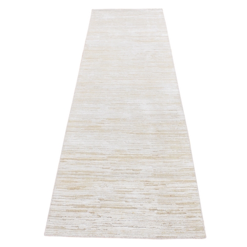 Ivory, Silk with Textured Wool, Tone on Tone, Striae Design, Hi-Lo Pile, Hand Knotted, Runner Oriental 