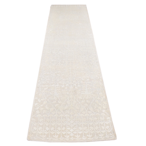 Bone Ivory, Vine Design, Hand Knotted, Tone on Tone, Pure Silk with Textured Wool, Runner Oriental Rug