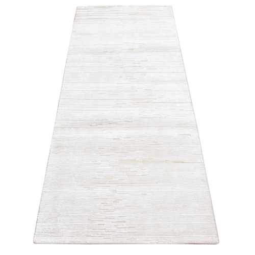 Ivory, Silk with Textured Wool, Hand Knotted, Tone on Tone, Striae Design, Hi-Lo Pile, Runner Oriental Rug