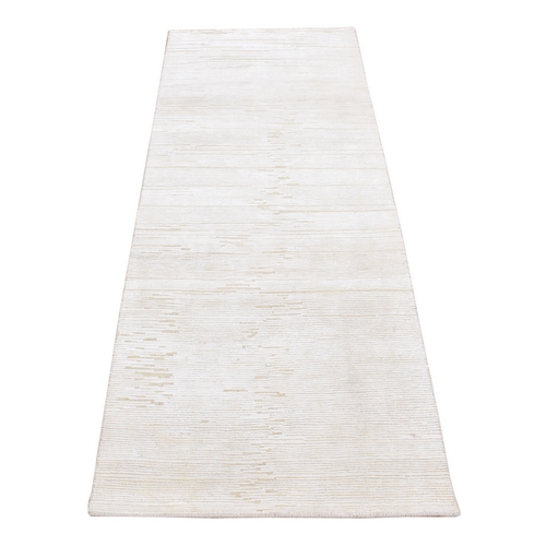 Ivory, Silk with Textured Wool, Tone on Tone Striae Design, Hi-Lo Pile, Hand Knotted, Runner Oriental Rug