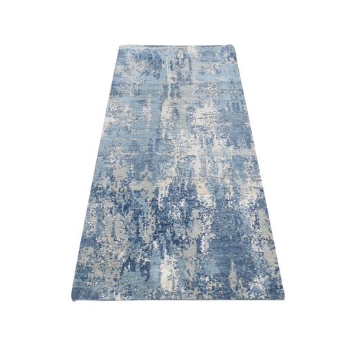 Yale Blue, Abstract Design, Wool and Pure Silk, Hand Knotted, Runner Oriental 